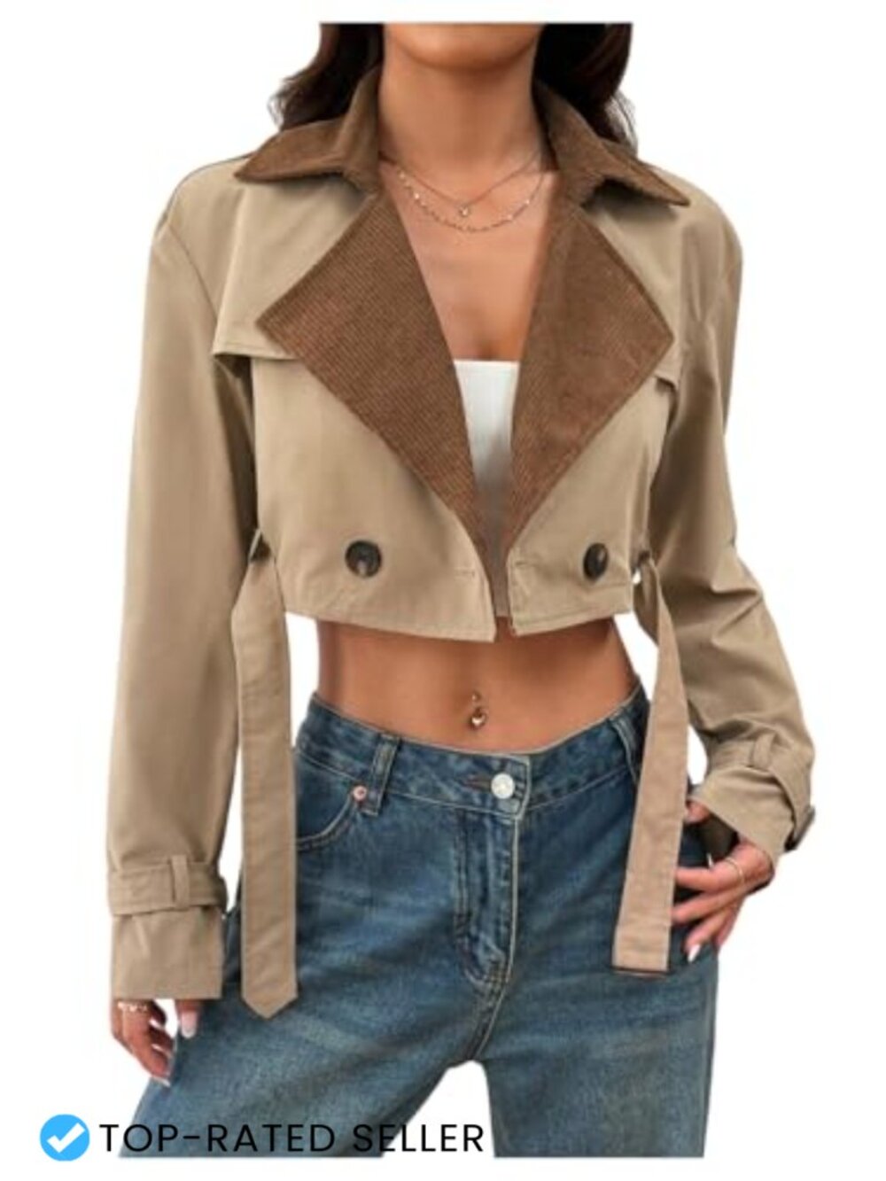 Women's Double Breasted Cropped Trench Coat Belted Long Sleeve Lapel Jacket